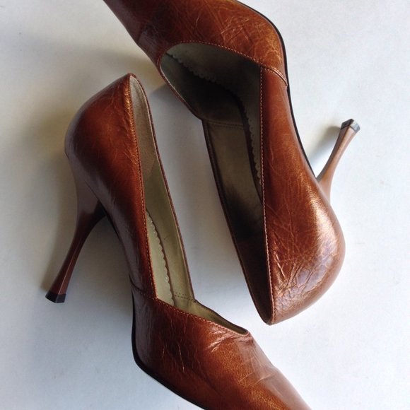 BCBGIRLS-Brown Metallic Leather Pump Heels - Picture 2 of 8